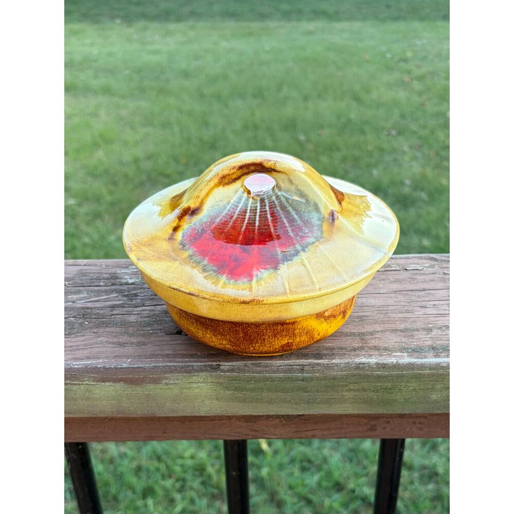 Vtg Marcia of California E600 Covered Dish Mid Century Drip Glaze Red Orange
